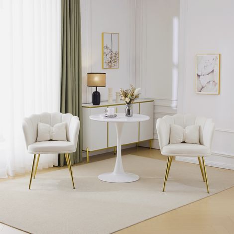 Lot de 2 chaises de salon modernes en velours, chaises de salle de bains rembourrées avec dossier en forme de pétale, pieds en métal doré et coussins papillon pour chambre et salle à manger (1/5)