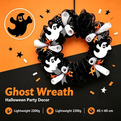 Halloween Türkranz Geist mit schwarzem Tüll und Band Deko für Tür und Eingang 2026 (1/5)