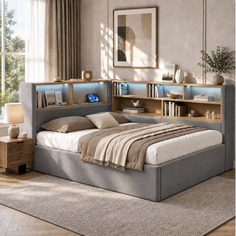Cama canapé 140x190 cm de terciopelo gris con LED, USB, Type-C y somier - CHICFURN (1/5)