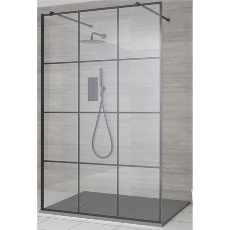 Milano Barq Black Floating Glass Walk In Wet Room Shower Enclosure with Grid Pattern Screen  Support Arms and Light Grey Slate Effect Tray - 900mm x 900mm (1/5)