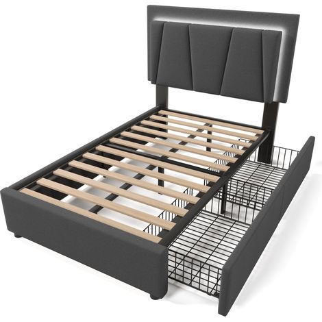 Cama capitoné 90x200 cm gris con LED, 2 cajones y cabecero regulable (1/5)