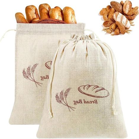 Bolsas de lino reutilizables con cordón para pan - 2 unidades - 30 x 38 cm - para pan, fruta y verduras (1/5)