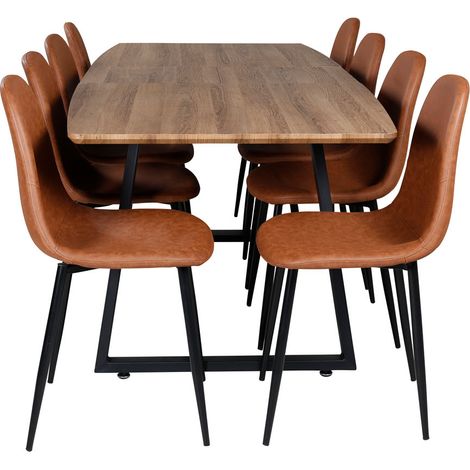IncaNABL Essgruppe Esstisch Ausziehbarer Tisch Länge cm 160 / 200 El Holz dekor und 8 Polar Esszimmerstühle PU Kunstleder braun.