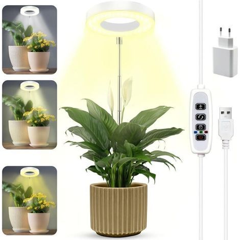 Lampe de culture LED à spectre complet pour plantes d'intérieur, hauteur réglable avec minuterie 3/9/12 h, 10 niveaux de luminosité, 3 modes, pour petites plantes (1/4)