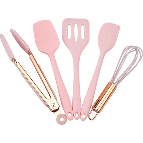 Ensemble d'ustensiles de cuisine en silicone pour enfants, mini-cuisine antiadhésive, spatule, passoire, outil de pâtisserie, racloir à pâte, couleur rose (1/5)