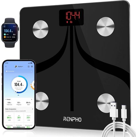 Balance Pèse Personne Rechargeable USB, Balance Connecté Bluetooth Impedancemetre avec 13 Données Corporelles (BMI/Muscle/Eau/Graisse Corporelle), 11"x11”, 400bl/180kg, Noir (1/5)