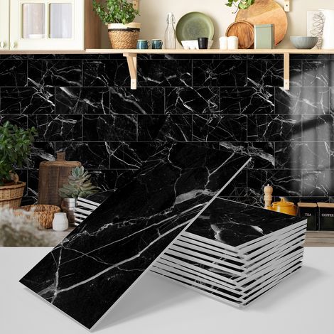 Crédence Adhésive 3D Imitation Marbre Noir - 16 Panneaux Décoratifs Imperméables et Résistants à l'Humidité pour Cuisine, Salle de Bain (1/5)
