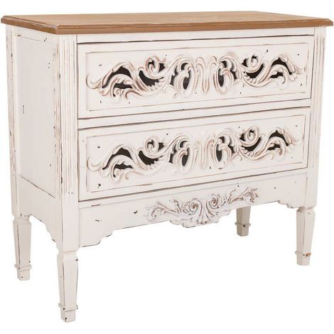 Commode deux tiroirs style antique blanc sculpté bois - blanc antique bois naturel (1/5)
