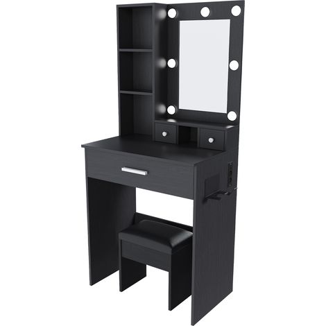 Coiffeuse noire avec miroir LED réglable, prise électrique, support sèche-cheveux et tabouret rembourré – 60 x 38 x 131,5 cm (1/5)