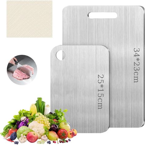 2 Pièces Planche à découper, Acier inoxydable, Double face, 34x23 cm et 25x15 cm, Pour viande et légumes (1/5)