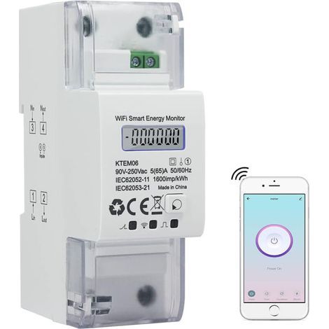WiFi Single Phase DIN Rail Energy Meter, Digital Electric Meter, AC 5(65) A 90-250V Wattmeter, Power Consumption Meter, Watt/kWh Smart Energy Meter (1/4)
