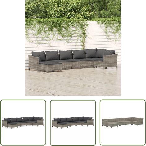 The Living Store Salon de jardin 7 pcs avec coussins Gris Résine tressée - Salon De Jardin - Mobilier De Jardin - Set De Salon Extérieur - Meubles De Jardin - Chaise Lounge (1/5)