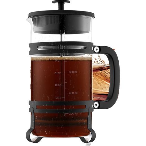 Cafetera de émbolo, 1 litro, vidrio de borosilicato, filtro de acero inoxidable, para café frío, para acampar, para el hogar, color plata, color negro. (1/2)