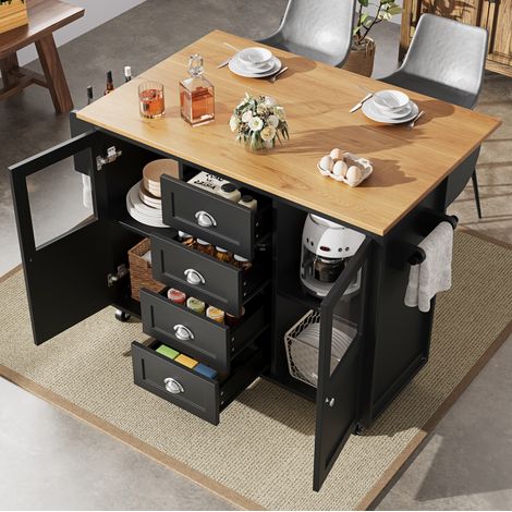 Carrello da cucina su ruote 137,9x45/73x92,5 cm con 4 cassetti e vassoio ribaltabile, in MDF e metallo, nero (1/5)