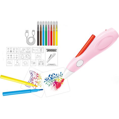 1 kit aérographe aquarelle, pulvérisation et dessin, encre lavable, 8 couleurs, 8 pochoirs, adapté aux enfants (1/5)