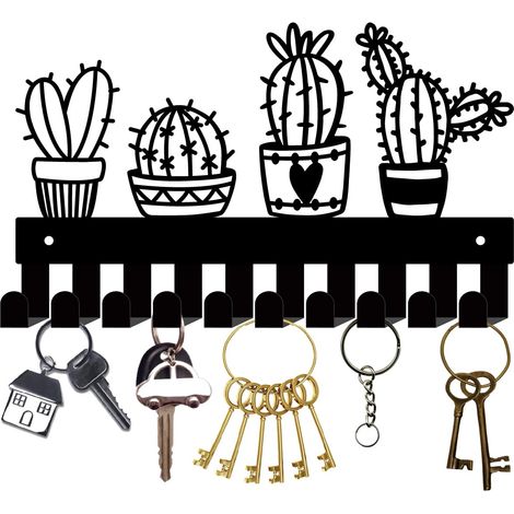 Porte-Clés Forme Cactus Noir,Crochets Muraux Fer pour Porte-Clés avec 10 Crochet,Organisateur Clés Suspendre en Métal,Décoration Murapour Entrée,Porte D'Entrée,Couloir,Bureau,27x16cm (1/5)