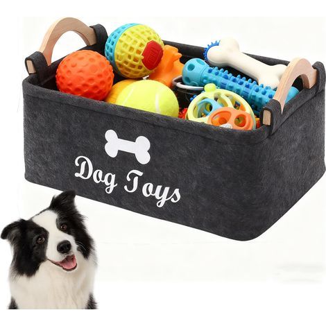Panier de Rangement pour Jouets de Chien, Grand Panier en Feutre Pliable avec Poignée en Bois pour Jouets Chien, 38x25x18cm, Gris (1/5)