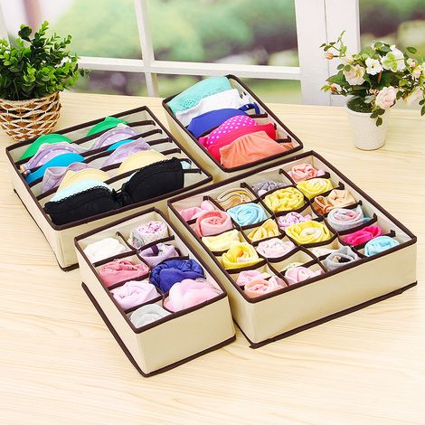 Ensemble de 4 rangements pour sous-vêtements Beige Rose Rangement pour chaussettes Rangement pour soutien-gorge en tissu-6/7/8/24 compartiments, 4pcs (1/3)