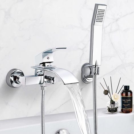 Mitigeur de Baignoire Cascade, Robinet Douche en H59 Laiton Chromé, Robinet Baignoire avec Douchette à Main en ABS plastique et 1.5mTuyau de douche