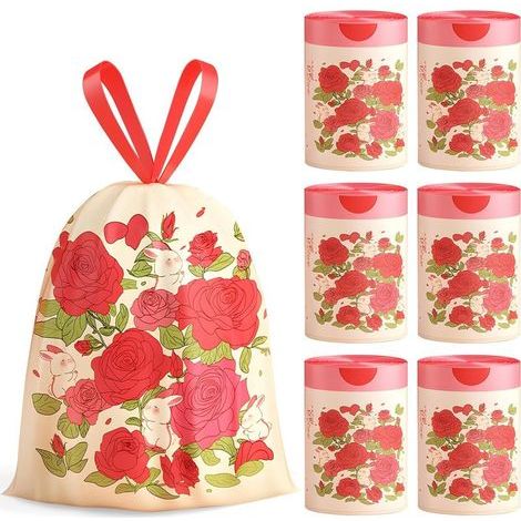 Lot de 180 petits sacs poubelle parfumés à la rose de 10 à 15 l avec cordons de serrage pour la maison, le bureau, la cuisine et la salle de bain qui laissent une odeur fraîche à votre poubelle à (1/5)