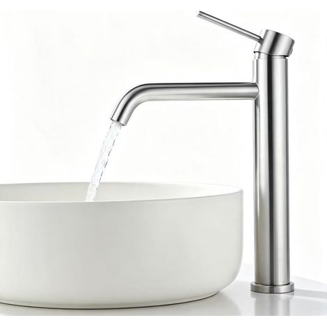 Mitigeur de Lavabo Haut Robinet Salle de Bain pour Lavabo et Vasque Robinet Lavabo en Acier Inox Brossé Classique (1/5)