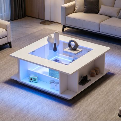 Tavolino quadrato con illuminazione a LED, vani a giorno e piano in vetro, 70x70x30 cm, in truciolato bianco lucido (1/5)