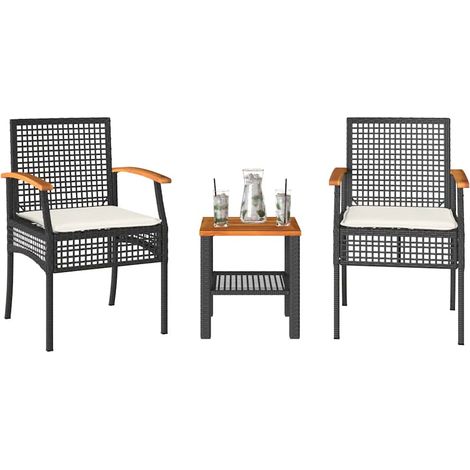 Ensemble bistrot 3 pièces avec coussins, résine tressée, bois d’acacia, noir et marron - PANGIVO (1/5)