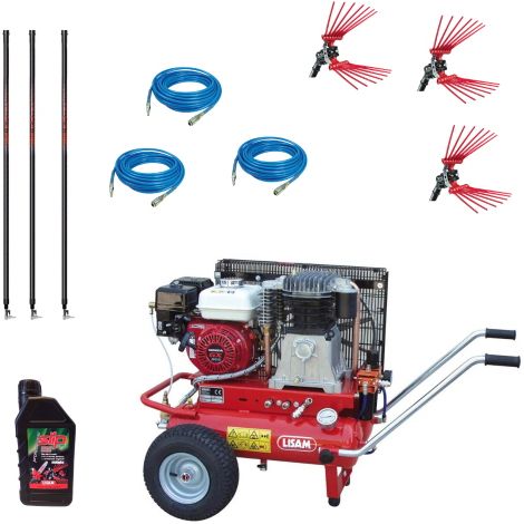 KIT MOTOCOMPRESSORE LISAM LM 600/30 PROFESSIONAL 3 OPERATORI CON 3 ABBACCHIATORI V8 TITANIUM, 3 ASTE EXTRALIGHT 250 CM E 3 TUBI   7,5 x 10 CON RACCORDI DA 25 MT
