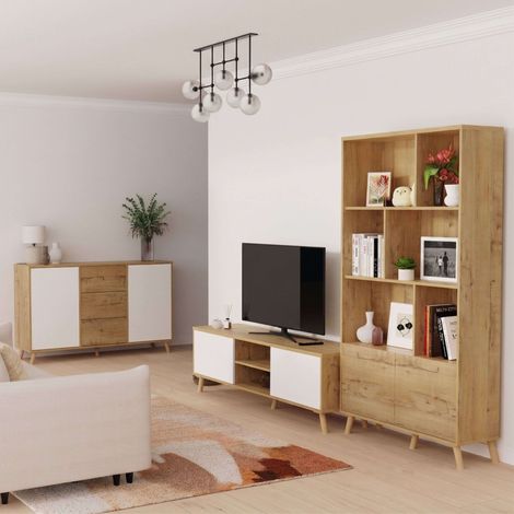 Conjunto de Muebles Salón, Mueble de TV, Aparador y Librería Oslo Blanco Mate y Roble Gold