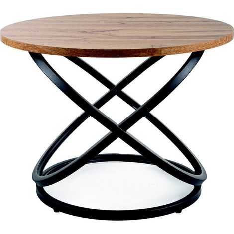 Table basse ronde 60 cm plateau aspect chêne et structure métal noir Uma (1/4)