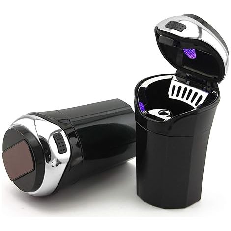 Cenicero para automóvil (paquete de 1), cenicero para automóvil de acero inoxidable extraíble de fácil limpieza con tapa, luz LED azul y encendedor extraíble para la mayoría de los portavasos de autom (1/5)