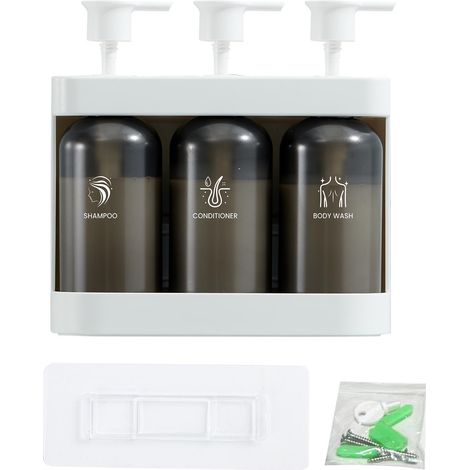 Distributeur de savon mural pour douche, 3 compartiments, shampoing, après-shampoing et gel douche, pour salle de bain d'hôtel, 380 ml par flacon, blanc (1/5)