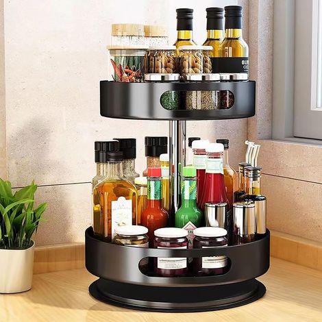 2 Étagère à épices rotative, Acier au carbone, Hauteur réglable, Plateau tournant 360 degrés, Cuisine et salle de bain