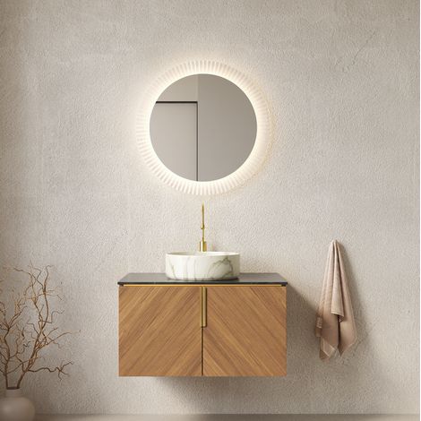 Meuble de salle de bain mural 76 cm avec lavabo céramique, plan en pierre frittée et 2 portes (1/5)