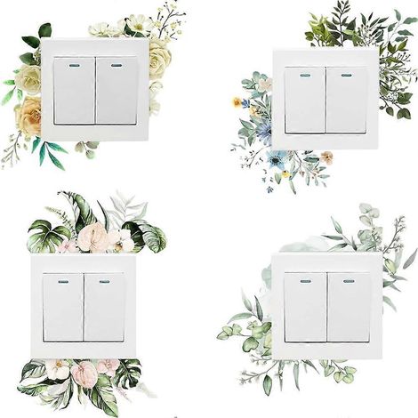 feuilles d'autocollants décoratifs pour interrupteur, motif plantes vertes, fleurs et feuilles, amovibles, style tropical frais. (1/5)