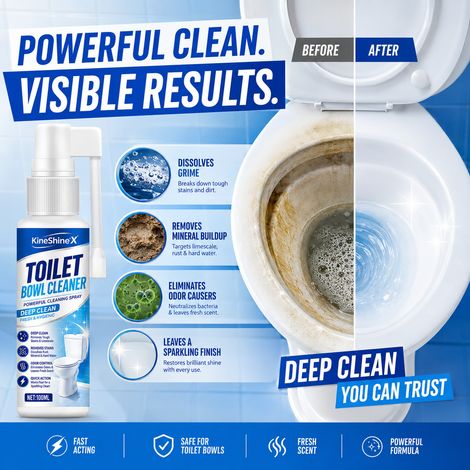 KineShineX Toilettenreiniger-Spray entfernt kraftvoll Kalkablagerungen, Urinflecken, Gerüche und Schmutz tief aus der Toilette. (1/5)
