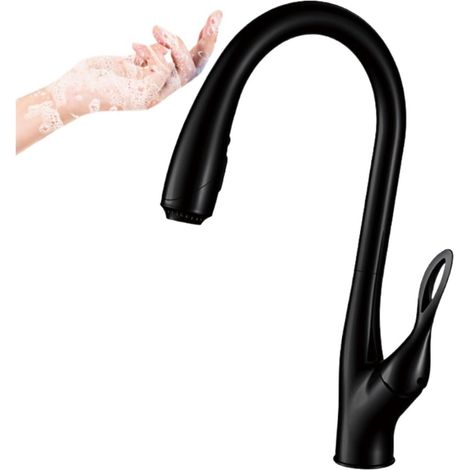 Robinet de cuisine Robinet de salle de bains en laiton noir avec conception tactile intellinte, robinet extractible à 3 fonctions à poignée, double commande froide et chaude(Matte Black-01) (1/5)