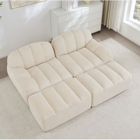 Divano modulare 2 posti con 2 pouf 210x165x79 cm in tessuto bouclé beige bianco (1/5)