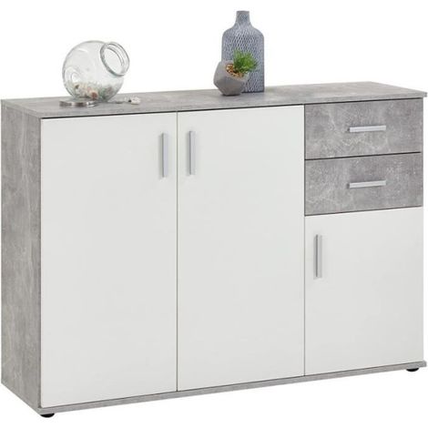 Buffet bicolore AUCUNE 3 portes 2 tiroirs L121 x H82 x P35 cm Blanc et gris béton (1/3)