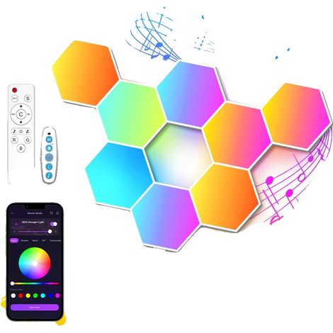 Applique LED esagonali da parete, sincronizzazione musicale, controllo tramite app e telecomando, confezione da 8 luci LED esagonali (1/2)