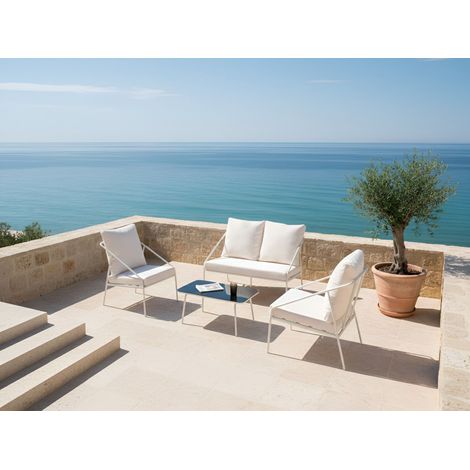 Conjunto de jardín moderno 4 plazas con estructura de metal cojines de algodón con fundas extraíbles blanco Ustica (1/5)