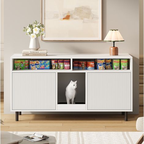 Armoire pour litière de chat avec tapis anti-sable, 120 x 50 x 66 cm, blanche (1/5)
