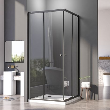 Duschkabine Eckeinstieg 100x90 cm Schwarz, Duschkabine Schiebetür mit Eckeinstieg Duschabtrennung 6mm ESG Glas, Höhe 185 cm Dusche Duschtür (1/5)