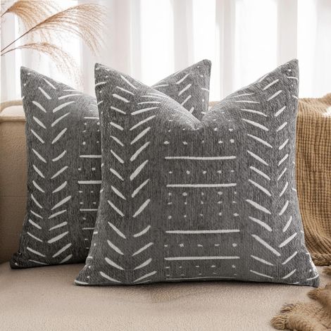 Lot de 2 housses chenille boho gris clair 40x40 cm fermeture cachée