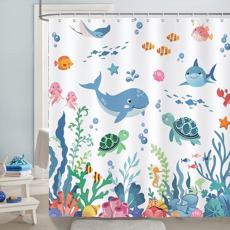 e Rideau de Douche Animal Enfants Tortue Océan Rideau de Bain Tissu Polyester Anti Moisissure Imperméable Lavable Rideaux Salle de Bain 180 x 180 cm avec 12 Crochets pour Baignoire (1/5)