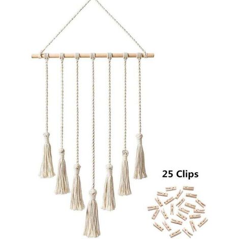Présentoir à photos suspendu en macramé, organisateur de photos mural, décoration d'intérieur bohème avec 25 pinces en bois, beige (1/5)