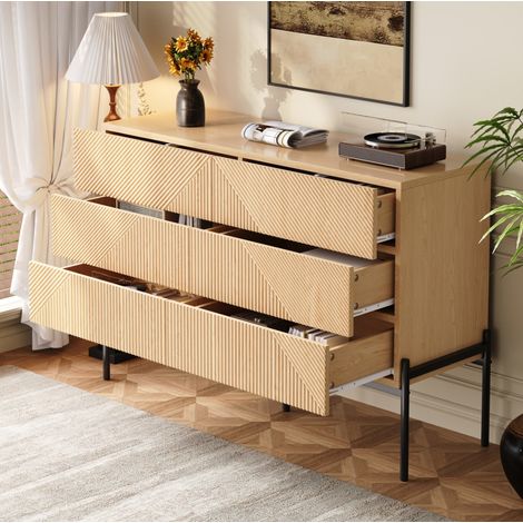 Aparador 115.5x38x75 cm natural en MDF con 6 cajones y relieve geométrico 3D (1/5)