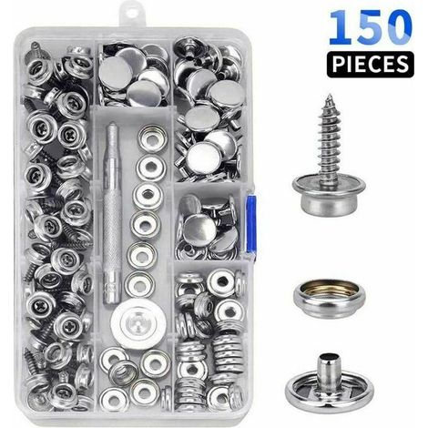 JSSEVN - Pack of 150 marine-grade stainless steel snap fasteners – Metal screws – Adjustment tools included – For canvas and tarpaulins (1/5)