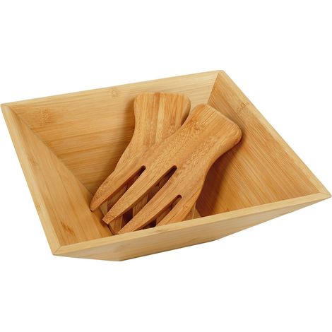 Relaxdays bamboo salad bowl, with salad servers, for salad, fruit, snacks, HxWxD: 28x28x10cm, oval shape, natural