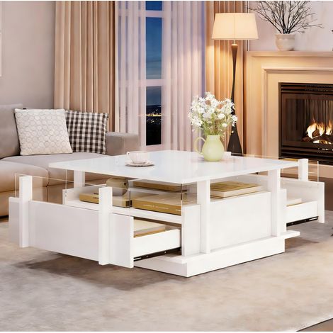 Table basse 70x70x35 cm blanc brillant avec 2 tiroirs, LED et panneaux acryliques MEUBLIV (1/5)